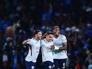 Soccer Football - Liga MX - Pumas UNAM v Cruz Azul - Estadio Olimpico Universitario, Mexico City, Mexico - March 14, 2026 Cruz Azul's Carlos Rodriguez celebrates scoring their second goal with teammates REUTERS/Eloisa Sanchez