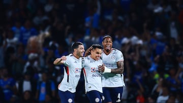 Soccer Football - Liga MX - Pumas UNAM v Cruz Azul - Estadio Olimpico Universitario, Mexico City, Mexico - March 14, 2026 Cruz Azul's Carlos Rodriguez celebrates scoring their second goal with teammates REUTERS/Eloisa Sanchez