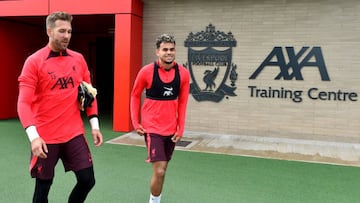 KIRKBY, ENGLAND - JULY 05: (THE SUN OUT, THE SUN ON SUNDAY OUT) Adrian and Luis Diaz of Liverpool during a pre-season training session at AXA Training Centre on July 05, 2022 in Kirkby, England. (Photo by Andrew Powell/Liverpool FC via Getty Images)