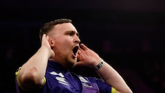 Darts - 2024 Premier League - Liverpool - M&S Bank Arena, Liverpool, Britain - April 25, 2024 Luke Littler reacts during his semi final match against Nathan Aspinall Action Images via Reuters/Jason Cairnduff