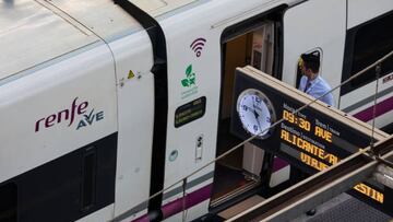 MADRID, SPAIN - AUGUST 03: A Renfe worker next to an AVE parked at Puerta de Atocha station, on August 3, 2022, in Madrid, Spain. The Government approved in the Council of Ministers on Monday, August 1, a Shock Plan for Energy Saving and Management in Air Conditioning to reduce energy consumption in administrative buildings, public buildings and stores in order to facilitate fulfill European commitments arising from the conflict in Ukraine. One of the measures included in the plan is that the cooling of these buildings cannot be set below 27 degrees Celsius and heating cannot be set above 19 degrees Celsius, and shop windows and public buildings will turn off their lights at 10 o'clock at night. This plan is part of a Royal Decree-Law on economic sustainability measures. (Photo By Jesus Hellin/Europa Press via Getty Images)