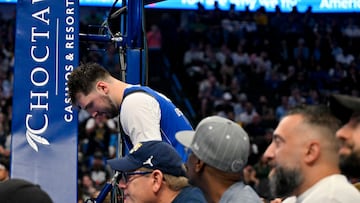 Mar 5, 2024; Dallas, Texas, USA; Dallas Mavericks guard Luka Doncic (77) looks down as he walks back on to the court during the second half against the Indiana Pacers at the American Airlines Center. Mandatory Credit: Jerome Miron-USA TODAY Sports