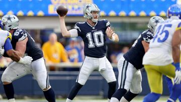 INGLEWOOD, CALIFORNIA - OCTOBER 09: Cooper Rush #10 of the Dallas Cowboys throws the ball during the first quarter against the Los Angeles Rams at SoFi Stadium on October 09, 2022 in Inglewood, California. (Photo by Sean M. Haffey/Getty Images)