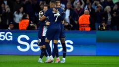 PARIS, FRANCE - OCTOBER 25: Neymar Jr of Paris Saint-Germain is congratulated by teammates Leo Messi and Kylian Mbappe after scoring during the UEFA Champions League group H match between Paris Saint-Germain and Maccabi Haifa FC at Parc des Princes on October 25, 2022 in Paris, France. (Photo by Aurelien Meunier - PSG/PSG via Getty Images)