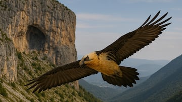 Bearded vulture soaring over the Pyrenees cliffs - artist's impression