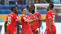 (LtoR) Bayern Munich's French forward Mathys Tel, Bayern Munich's Austrian midfielder Marcel Sabitzer, Bayern Munich's French defender Dayot Upamecano and Bayern Munich's Dutch midfielder Ryan Gravenberch react during the German first division Bundesliga football match between TSG 1899 Hoffenheim and FC Bayern Munich in Sinsheim, southwestern Germany on October 22, 2022. - Bayern won the match 2-0. (Photo by Daniel ROLAND / AFP) / DFL REGULATIONS PROHIBIT ANY USE OF PHOTOGRAPHS AS IMAGE SEQUENCES AND/OR QUASI-VIDEO