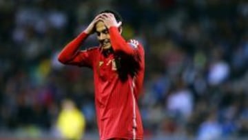 El delantero de la selección española Pedro Rodríguez durante el partido de la fase clasificatoria para la Eurocopa 2016 que Eslovaquia y España juegan esta noche en Zilina, Eslovaquia.