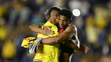 America's Colombian forward #19 Jose Raul Zuniga (R) celebrates after scoring his team's second goal with teammate Uruguayan forward #27 Rodrigo Aguirre during the Liga MX Apertura quarter-final second leg football match between America and Monterrey at Ciudad de los Deportes Stadium in Mexico City on November 29, 2025. (Photo by YURI CORTEZ / AFP)