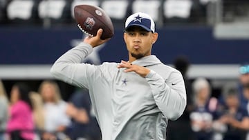 ARLINGTON, TEXAS - OCTOBER 01: Trey Lance #15 of the Dallas Cowboys warms up prior to a game against the New England Patriots at AT&T Stadium on October 01, 2023 in Arlington, Texas.   Sam Hodde/Getty Images/AFP (Photo by Sam Hodde / GETTY IMAGES NORTH AMERICA / Getty Images via AFP)