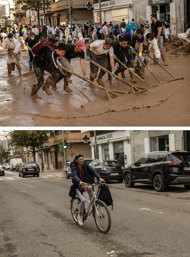 Imagen superior: Voluntarios y residentes limpian el barro de una calle en el municipio de Massanassa. Imagen inferior: La misma zona en la actualidad. 
