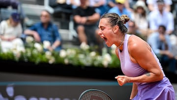 Belarus' Aryna Sabalenka reacts during her women's singles match against US' Sofia Kenintheir of the WTA Rome Open tennis tournament at Foro Italico in Rome on May 11, 2025. (Photo by PIERO CRUCIATTI / AFP)