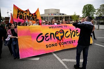 Los manifestantes marchan durante la manifestación Stop Israel contra la participación de Israel en la 68ª edición del Festival de la Canción de Eurovisión.
