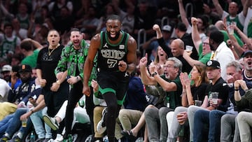 Boston Celtics guard Jaylen Brown (7) reacts after a play against the Indiana Pacers