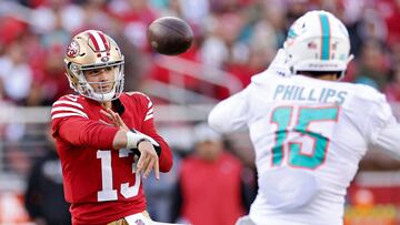 SANTA CLARA, CALIFORNIA - DECEMBER 04: Brock Purdy #13 of the San Francisco 49ers attempts a pass during the second quarter against the Miami Dolphins at Levi's Stadium on December 04, 2022 in Santa Clara, California.   Ezra Shaw/Getty Images/AFP (Photo by EZRA SHAW / GETTY IMAGES NORTH AMERICA / Getty Images via AFP)