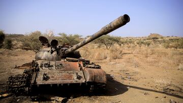 FILE PHOTO: A destroyed tank is seen in a field in the aftermath of fighting between the Ethiopian National Defence Force (ENDF) and the Tigray People's Liberation Front (TPLF) forces in Kasagita town, in Afar region, Ethiopia, February 25, 2022. REUTERS/Tiksa Negeri SEARCH "NEGERI ETHIOPIA AFAR" FOR THIS STORY. SEARCH "WIDER IMAGE" FOR ALL STORIES/File Photo