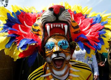 Aficionado colombiano disfrazado de tigre con los colores de su selección.