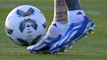 Detail of the football boots of Argentina's forward Lionel Messi taken during a training session in Ezeiza, Buenos Aires Province, on November 14, 2023, ahead of the FIFA World Cup 2026 qualifier football matches against Uruguay and Brazil. (Photo by Juan MABROMATA / AFP)