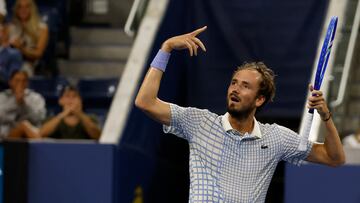 Aug 24, 2025; Flushing, NY, USA; Daniil Medvedev gestures after winning a point against Benjamin Bonzi (FRA)(not pictured) on day one of the 2025 US Open at USTA Billie Jean King National Tennis Center. Mandatory Credit: Geoff Burke-Imagn Images