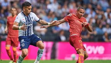 Sebastián Vegas de Monterrey y Diego Chávez de Juárez durante el partido Monterrey vs FC Juárez, Correspondiente a la Jornada 10 del Torneo Clausura 2023 de la Liga BBVA MX, en el Estadio BBVA Bancomer, el 04 de Marzo de 2023.