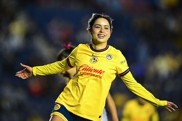  Scarlett Camberos celebrates her goal 7-0 of America during the 2nd round match between America and Queretaro as part of the Torneo Clausura 2025 Liga MX Femenil at Ciudad de los Deportes Stadium on January 10, 2025 in Mexico City, Mexico.