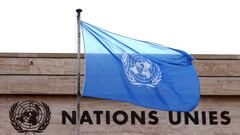 FILE PHOTO: A flag is seen on a building during the Human Rights Council at the United Nations in Geneva, Switzerland February 27, 2023. REUTERS/Denis Balibouse/File Photo