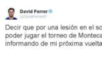 David Ferrer anunci&oacute; en su cuenta de Twitter que no participar&aacute; en el Masters 1.000 de Montecarlo por una lesi&oacute;n en el s&oacute;leo.