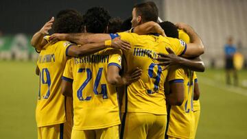 Nassr&#039;s forward Abderrazak Hamdallah (2nd-R) celebrates his goal with teammates during the AFC Champions League semi-finals match between Saudi&#039;s Al-Nassr and Iran&#039;s Persepolis on October 3, 2020, at the Jassim Bin Hamad Stadium in the Qata