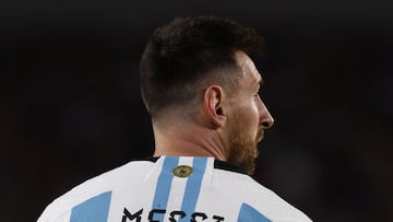 Argentina's forward Lionel Messi gestures during the 2026 FIFA World Cup South American qualification football match between Argentina and Paraguay at the Mas Monumental stadium in Buenos Aires, on October 12, 2023. (Photo by Alejandro PAGNI / AFP)