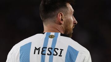 Argentina's forward Lionel Messi gestures during the 2026 FIFA World Cup South American qualification football match between Argentina and Paraguay at the Mas Monumental stadium in Buenos Aires, on October 12, 2023. (Photo by Alejandro PAGNI / AFP)