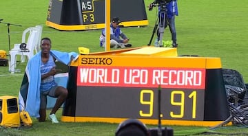 Letsile Tebogo en el Mundial de Atletismo Sub 20 de Cali.