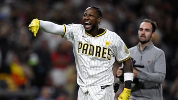 Jun 24, 2024; San Diego, California, USA; San Diego Padres left fielder Jurickson Profar (10) celebrates after hitting a walk-off single against the Washington Nationals at Petco Park. Mandatory Credit: Orlando Ramirez-USA TODAY Sports