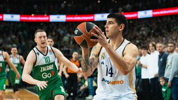 KAUNAS, LITHUANIA - APRIL 11: Gabriel Deck, #14 of Real Madrid in action during the Turkish Airlines EuroLeague Regular Season Round 34 match between Zalgiris Kaunas and Real Madrid at Zalgirio Arena on April 11, 2024 in Kaunas, Lithuania. (Photo by Eitvydas Kinaitis/Euroleague Basketball via Getty Images)