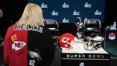 Feb 8, 2023; Phoenix, AZ, USA; Donna Kelce, mother of Kansas City Chiefs tight end Travis Kelce (87) and Philadelphia Eagles center Jason Kelce (62) poses for a photo before a press conference at Media Center. Mandatory Credit: Kirby Lee-USA TODAY Sports