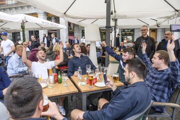 Tottenham supporters on the terraces of Madrid's Plaza Mayor in the hours leading up to the Real Madrid game.