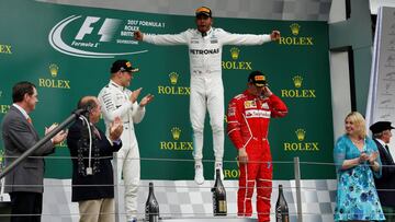 F1 - Formula One - British Grand Prix 2017 - Silverstone, Britain - July 16, 2017 Mercedes' Lewis Hamilton celebrates his win on the podium with Mercedes' Valtteri Bottas and Ferrari's Kimi Raikkonen REUTERS/Andrew Boyers