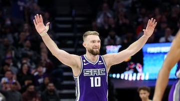 Domantas Sabonis #10 of the Sacramento Kings reacts in the second half of their game against the New Orleans Pelicans at Golden 1 Center on March 06, 2023 in Sacramento, California.