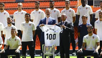 Valencia CF Team (Anil Murthy and Dani Parejo ) on the occasion of his centenary received to Spanish King Felipe VI at Mestalla stadium in Valencia on July 15, 2019.