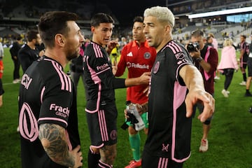 Oct 2, 2024; Columbus, Ohio, USA; Inter Miami CF forward Lionel Messi (10) talks with forward Luis Suarez (9) after the game against the Columbus Crew at Lower.com Field. Mandatory Credit: Trevor Ruszkowski-Imagn Images