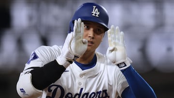 LOS ANGELES, CALIFORNIA - SEPTEMBER 06: Shohei Ohtani #17 of the Los Angeles Dodgers reacts to his solo home run, his 45th of the season to trail 2-1 to the Cleveland Guardians, during the sixth inning at Dodger Stadium on September 06, 2024 in Los Angeles, California. Harry How/Getty Images/AFP (Photo by Harry How / GETTY IMAGES NORTH AMERICA / Getty Images via AFP)