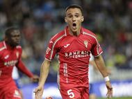 Diego Bri celebra su gol al Málaga.