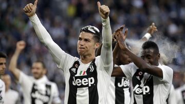 FILE - In this April 20, 2019 file picture, Juventus' Cristiano Ronaldo celebrates at the end of a Serie A soccer match between Juventus and AC Fiorentina, at the Allianz stadium in Turin, Italy. The Italian minister of sport Vincenzo Spadafora annou