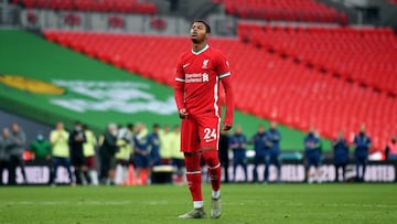 29 August 2020, England, London: Liverpool's Rhian Brewster reacts after missing his penalty kick during the penalty shoot-out of the English FA Community Shield soccer match between Arsenal and Liverpool at Wembley Stadium. Photo: Justin Tallis/PA W