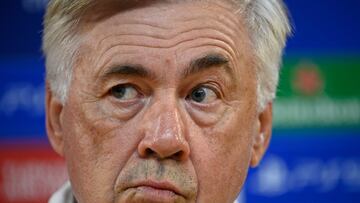 Real Madrid's Italian coach Carlo Ancelotti holds a press conference at the Municipal stadium of Braga on October 23, 2023, on the eve of the UEFA Champions League 1st round day 3 Group C football match between SC Braga and Real Madrid CF. (Photo by MIGUEL RIOPA / AFP)