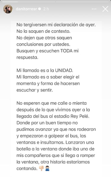 Daniel Torres acusa a hinchas de Santa Fe: “Empezaron a golpear el bus e insultarnos”