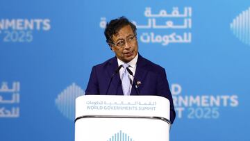 Colombian President Gustavo Petro speaks during a session at the World Governments Summit in Dubai, United Arab Emirates, February 12, 2025. REUTERS/Amr Alfiky