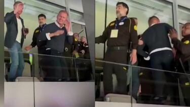 Erling Haaland’s father had to be escorted out of the Santiago Bernabeu stadium for exchanging insults with Real Madrid fans and throwing food at them.