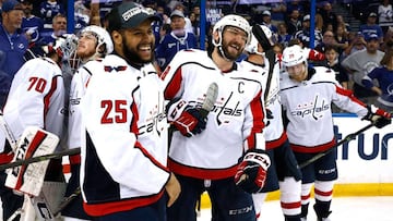 TAMPA, FL - MAY 23: Alex Ovechkin #8 of the Washington Capitals celebrates with his teammates after defeating the Tampa Bay Lightning in Game Seven of the Eastern Conference Finals during the 2018 NHL Stanley Cup Playoffs at Amalie Arena on May 23, 2018 in Tampa, Florida. The Washington Capitals defeated the Tampa Bay Lightning with a score of 4 to 0.   Mike Carlson/Getty Images/AFP
 == FOR NEWSPAPERS, INTERNET, TELCOS &amp; TELEVISION USE ONLY ==