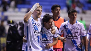 Emiliano Gomez celebrates his goal 2-1 of Puebla during the 10th round match between Puebla and Pachuca as part of the Liga BBVA MX, Torneo Apertura 2025 at Cuauhtemoc Stadium, on September 23, 2025 in Puebla, Mexico.