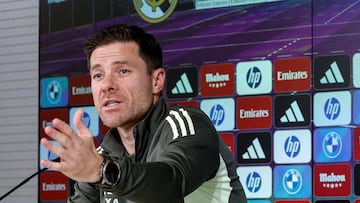 Real Madrid's Spanish coach Xabi Alonso gives a press conference ahead of the Spanish league football match between Deportivo Alaves and Real Madrid CF at the Real Madrid Sports City of Valdebebas, near Madrid on December 13, 2025. (Photo by OSCAR DEL POZO / AFP)