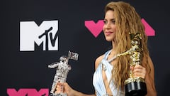 Shakira poses with her Video Vanguard Award and her and Karol G's Best Collaboration Award for "TQG" at the 2023 MTV Video Music Awards at the Prudential Center in Newark, New Jersey, U.S., September 12, 2023. REUTERS/Andrew Kelly